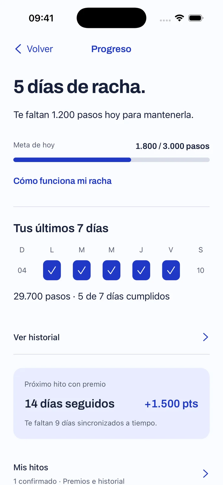 Pantalla Progreso con una racha de cinco días, meta diaria y últimos siete días.